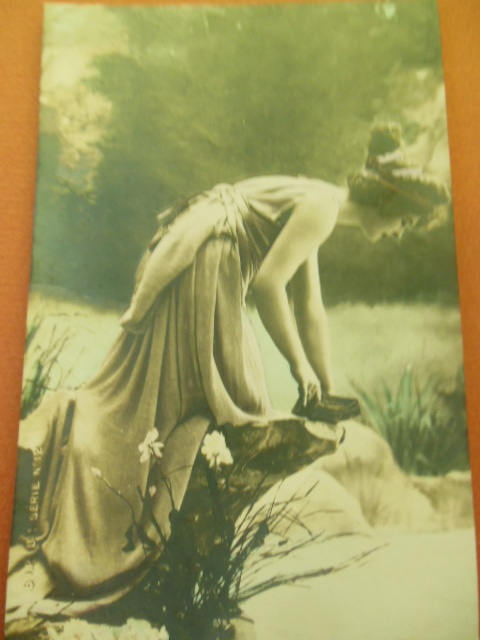 French Tinted Postcard Beautiful Woman in Garden