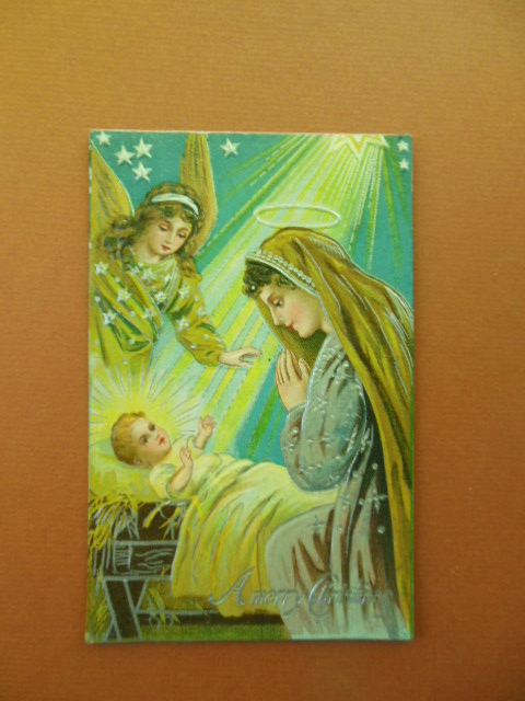 A Merry Christmas Angel Mary Baby Jesus Vintage Postcard Metallic Silver