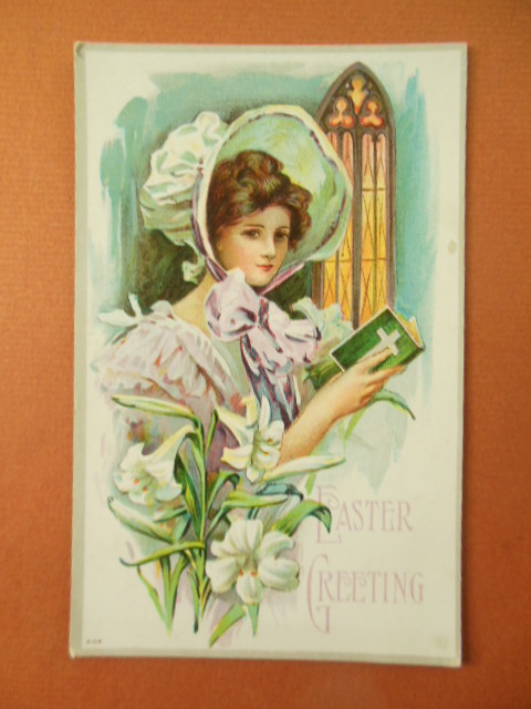 Easter Greeting Bonnet Girl in Church Lilies