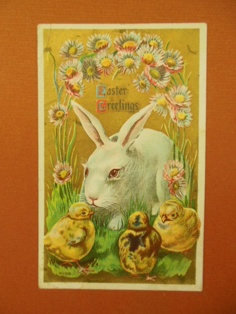 Easter Greetings White Rabbit and Three Chicks Postcard