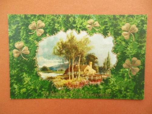 St. Patrick's Day Souvenir Postcard Shamrocks Thatched Roof Cottage by the Sea 1909