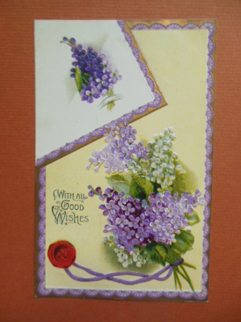 With All Good Wishes Lilacs and Sealing Wax Vintage Postcard 1910