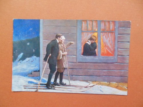 Postcard Couple on Skis Spying Through A Window