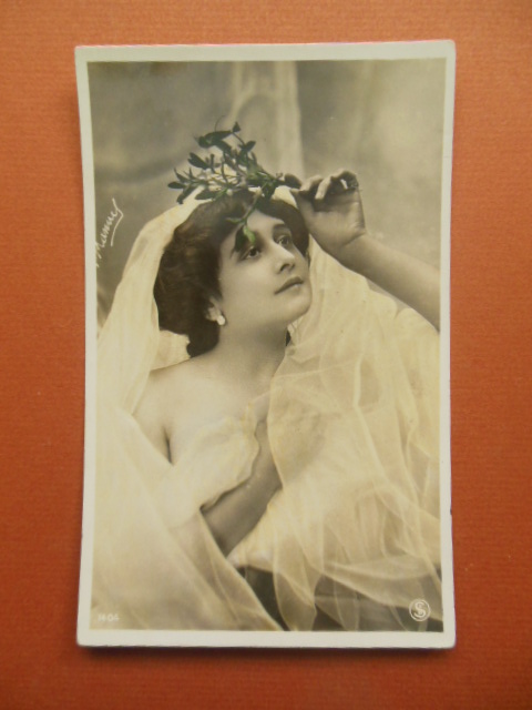 Vintage Postcard Woman Wrapped in a Veil Holding Flowers on Her Head (1404)