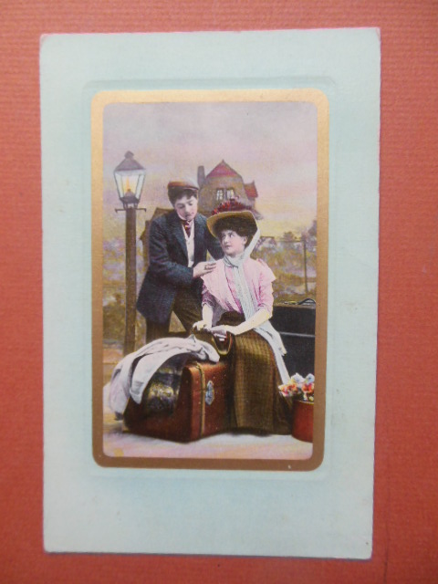 Vintage Postcard Couple By Streetlamp with Luggage (Saxony 1910)
