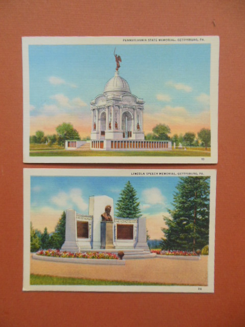 Postcards Gettysburg Memorials: Lincoln Speech Memorial; Pennsylvania State Memorial