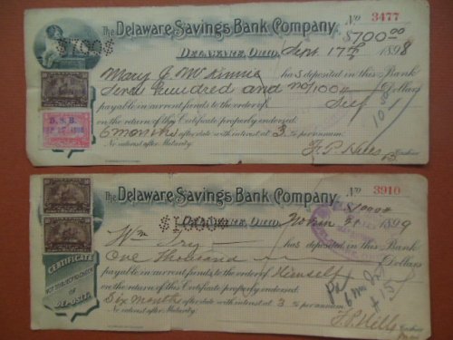 Delaware Ohio Savings Bank 1898, 1899 Bank Certificates of Deposit for Investment