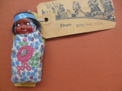 Souvenir Indian Baby Doll Estes Park, Colorado 1940's (Hang Tag with Postage and Address)