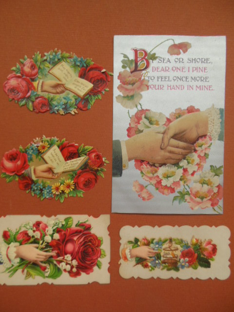 Vintage Postcard, Calling Cards, Victorian die-cuts Hands and Flowers