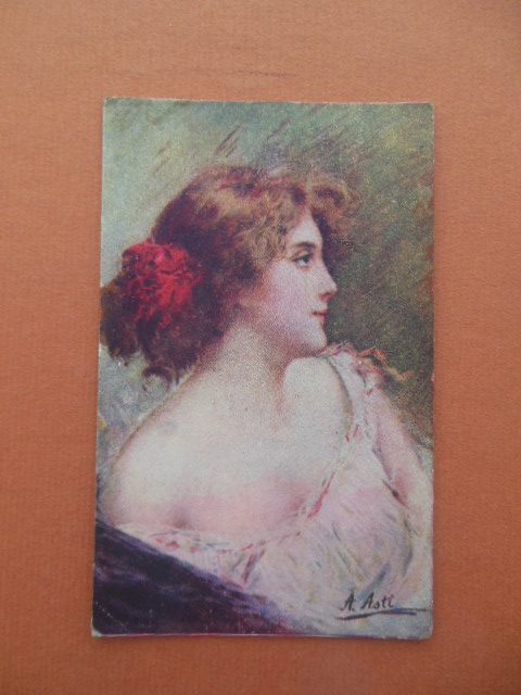 Vintage Postcard Lady in Pink Red Feathers In Her Hair SIGNED A. Astt