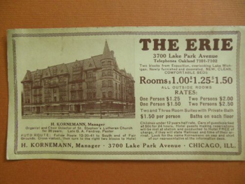 Trade Card The Erie Hotel Chicago