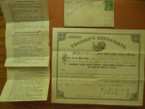 Teacher's Certificate Jefferson County Ohio, 1888 (Jennie Reed)Includes exam questions