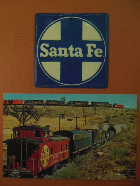 Santa Fe Railway Miniature Metal Sign and Santa Fe Railway Color Postcard