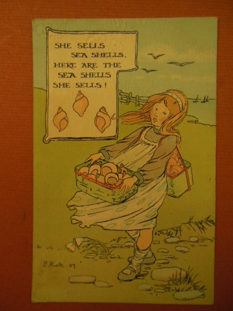 Postcard She Sells, Sea Shells SIGNED by Artist L.E. Hick 1907