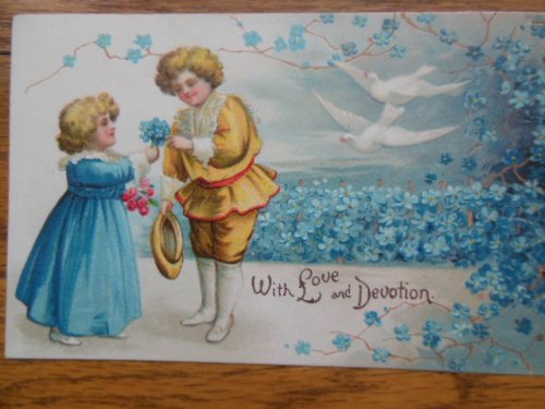 Postcard Devotion and Love International Art Co.(Blue Flowers, Doves)