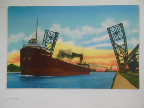 Postcard Empty Freighter Passing Bascule Bridge Sault Ste. Marie, Michigan