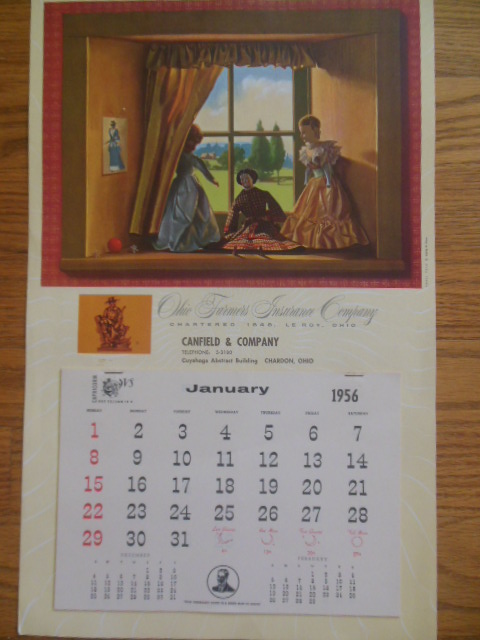 Calendar 1956 Ohio Farmer's Insurance Co.; Canfield and Company Agency Chardon, Ohio (Doll Theme)
