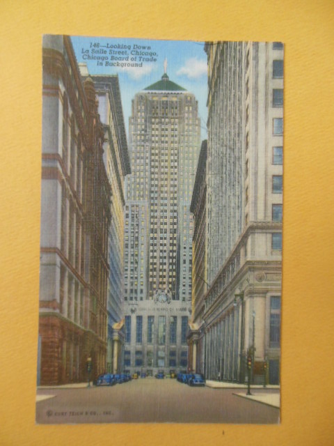 Postcard Looking Down La Salle Street Chicago Board of Trade In Background (1942)