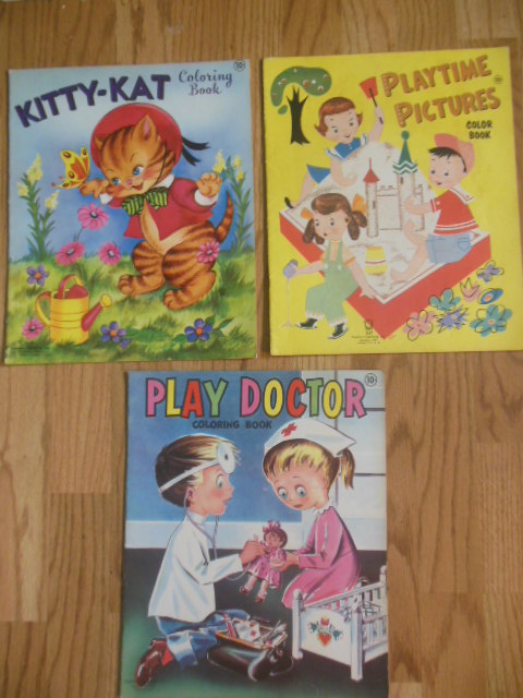 Stephens Publishing Coloring Books: Kitty-Kat, Playtime Pictures, Play Doctor (1950's)