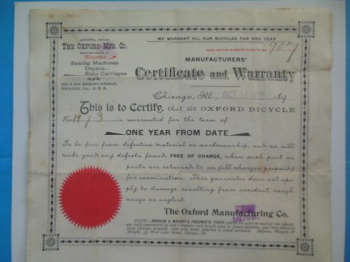 Bicycle Certificate and Warranty Oxford Manufacturing Company 1895