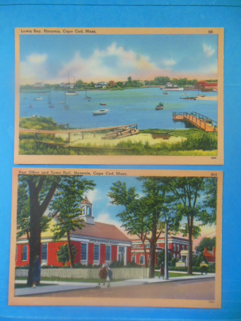 Postcards Hyannis Cape Cod, Mass. (Lewis Bay, Post Office and Town Hall)