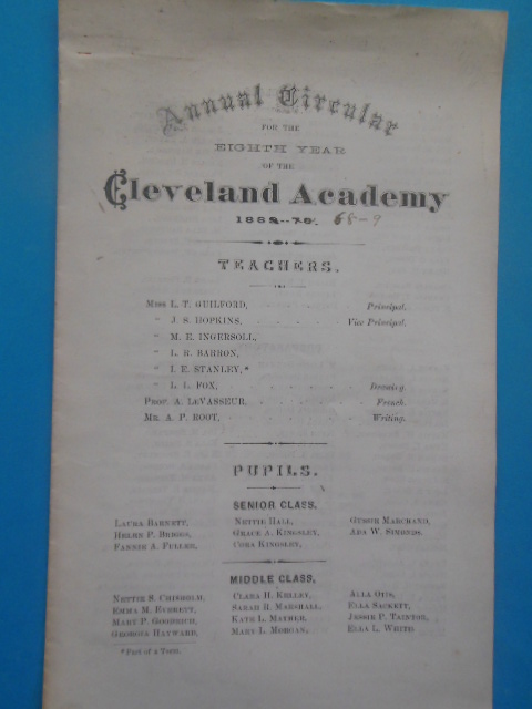 Annual Circular for the Eighth Year of the Cleveland Academy 1869-70