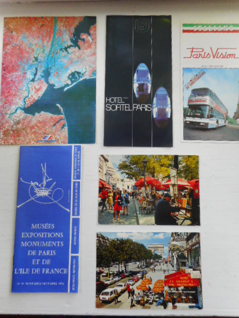 Paris Vacation; double deck bus, Hotel Sofitel Paris, Musees Expositions Monuments Due Paris and Air France menu, plus two beautiful colorful postcards