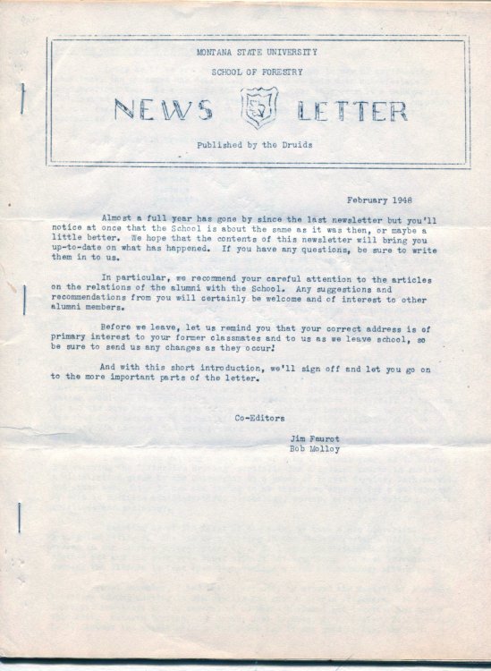 Montana State University, School of Forestry Newsletter