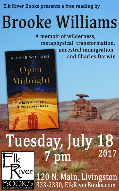 Brooke Williams reading event for Open Midnight Poster, 18 July 2017