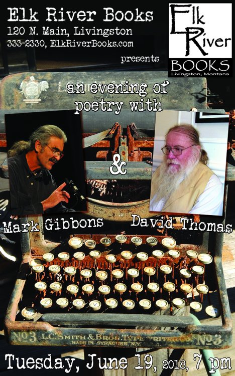 An evening of poetry with Mark Gibbons and David E. Thomas reading event poster, 19 June 2018