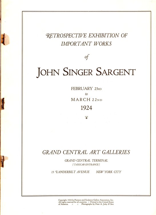 Retrospective Exhibition of Important Works of John Singer Sargent, February 23rd to March 22nd 1924