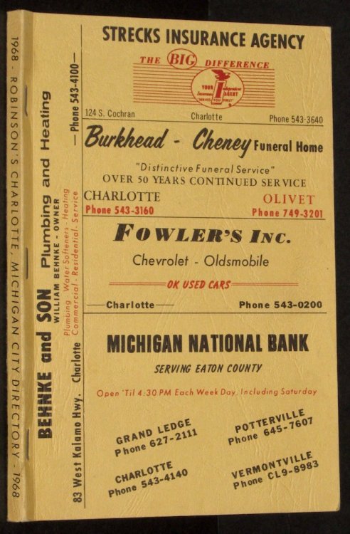 Robinson's Charlotte, Mich City Directory 1968