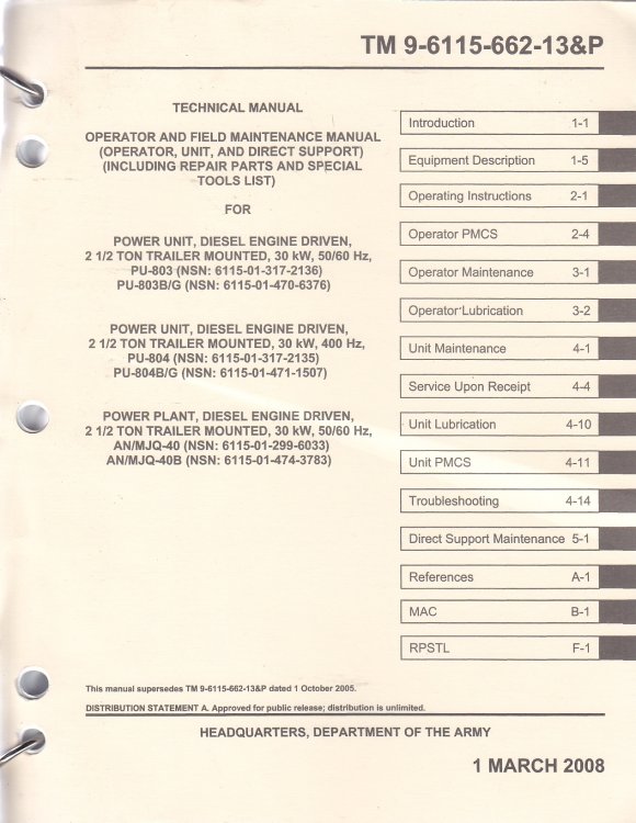 Operator and Field Maintenance Manual for Power Unit, Diesel Engine Driven 2-1/2 Ton Trailer Mounted Tm 9-6115-662-13 & P