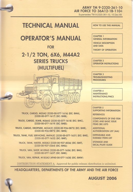 Image for Technical Manual Operator's Manual; Tm 9-2320-361-10 2-1/2-Ton, 6x6 M44a2 Series Trucks (Multifuel) Technical Manual Operator's Manual; Tm 9-2320-361-10 2-1/2-Ton, 6x6 M44a2 Series Trucks (Multifuel)