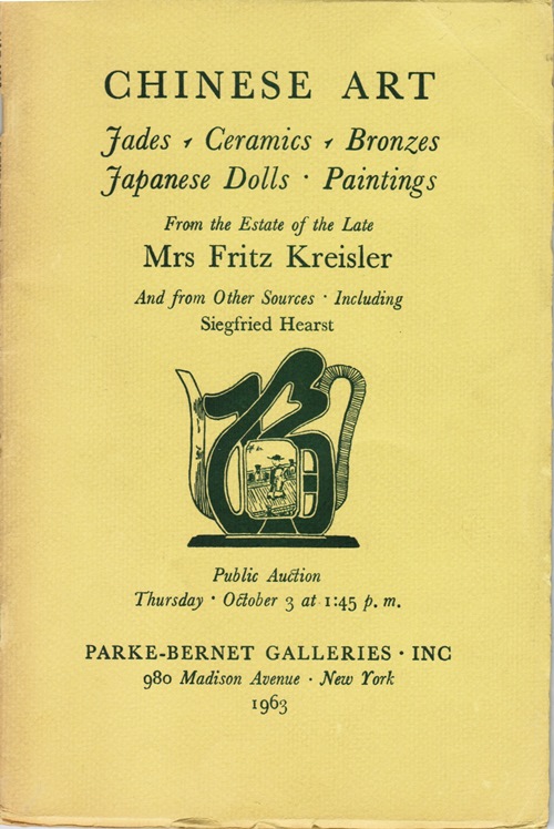Chinese Art, Jades, Ceramics, Bronzes, Japanese Dolls, Paintings, From the Estate of the Late Mrs. Fritz Kreisler and from Other Sources, Including Siegfried Hearst, Sale 2208, New York, October 3, 1963