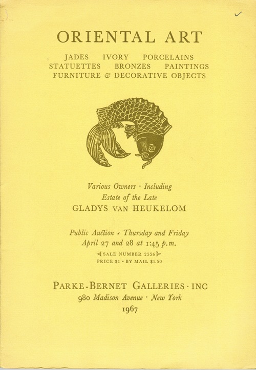 Oriental Art: Jades, Ivory, Porcelains, Statuettes, Bronzes, Paintings, Furniture & Decorative Objects. Estate of Gladys van Heukelom, Collection of Samuel Stockton White III and Vera White, New York, April 27 and 28, 1967. Sale 2556.