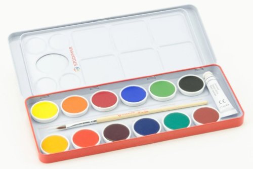 Stockmar Watercolour Paint Set in Tin 12 Opaque Colours, White, Brush + Mixing Palette