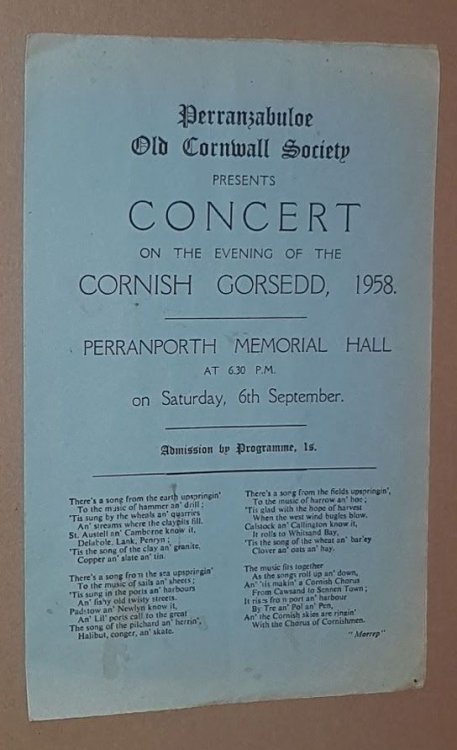 Perranzabuloe Old Cornwall Society Presents Concert on the Evening of the Cornish Gorsedd, 1958, Perranporth Memorial Hall at 6.30 p.m. on Saturday, 6th September