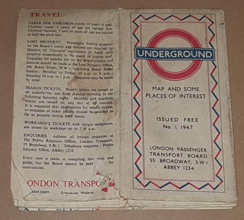 Underground Map and Some Places of Interest, Issued Free, No.1 1947.
