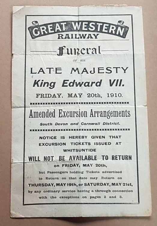 Funeral of His Late Majesty King Edward VII. Friday, May 20th, 1920. Amended Excursion Arrangements South Devon and Cornwall District