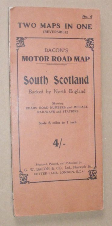 Bacon's Motor Road Map No.6: South Scotland / North England, showing roads, road numbers and mileage, railways and stations
