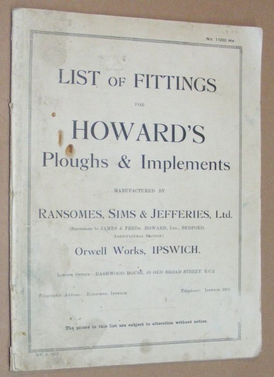 List of Fittings for Howard's Ploughs & Implements manufactured by Ransomes, Sims & Jefferies, Ltd, Orwell Works, Ipswich