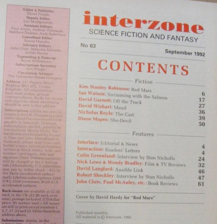 Interzone Science Fiction & Fantasy 63 [Red Mars] (September 1992)