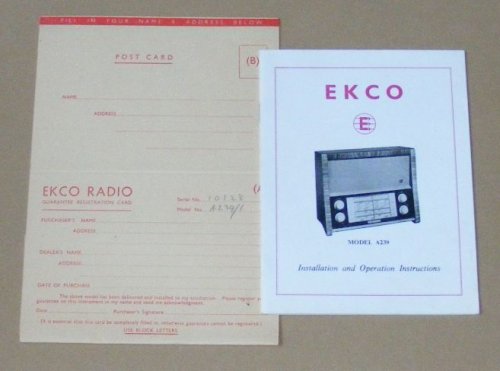 Ekco Model A239 Installation and Operation Instructions, and Guarantee Registration Card