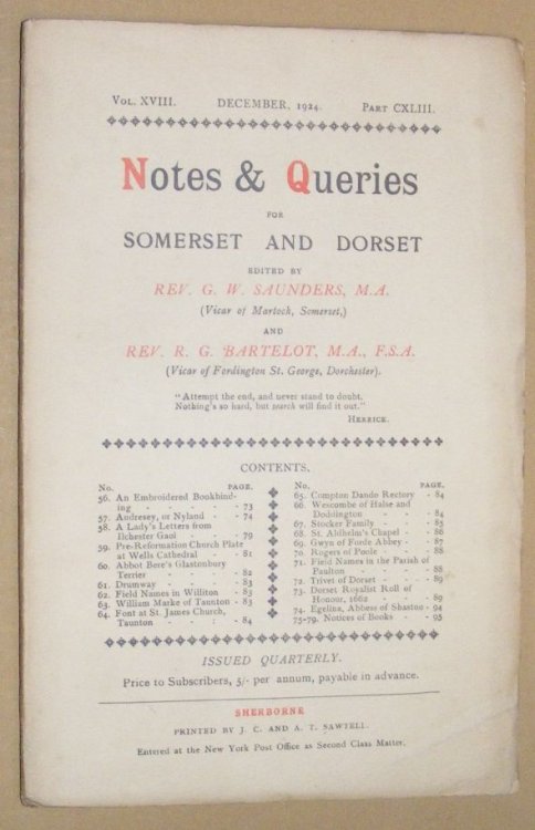 Notes & Queries for Somerset and Dorset, December 1924, Vol.XVIII Part CXLIII