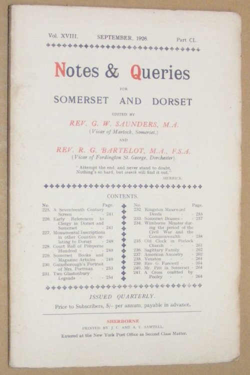 Notes & Queries for Somerset and Dorset, September 1926, Vol.XVIII Part CL