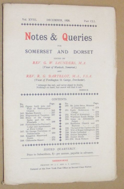 Notes & Queries for Somerset and Dorset, December 1926, Vol.XVIII Part CLI