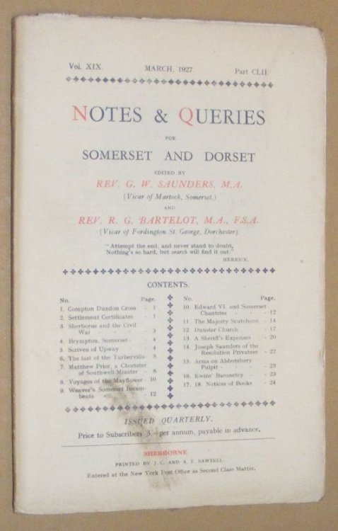 Notes & Queries for Somerset and Dorset, March 1927, Vol.XIX Part CLII