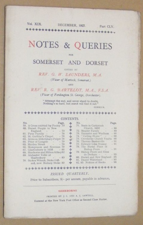 Notes & Queries for Somerset and Dorset, December 1927, Vol.XIX Part CLV