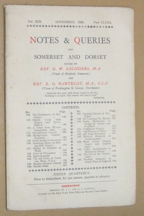 Notes & Queries for Somerset and Dorset, September 1928, Vol.XIX Part CLVIII